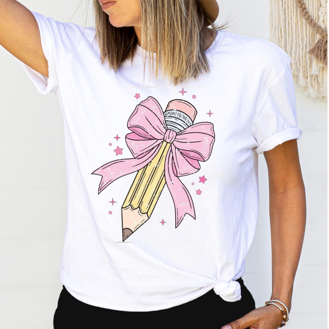 Preppy Pencil Coquette Bow Relaxed Graphic Tshirt