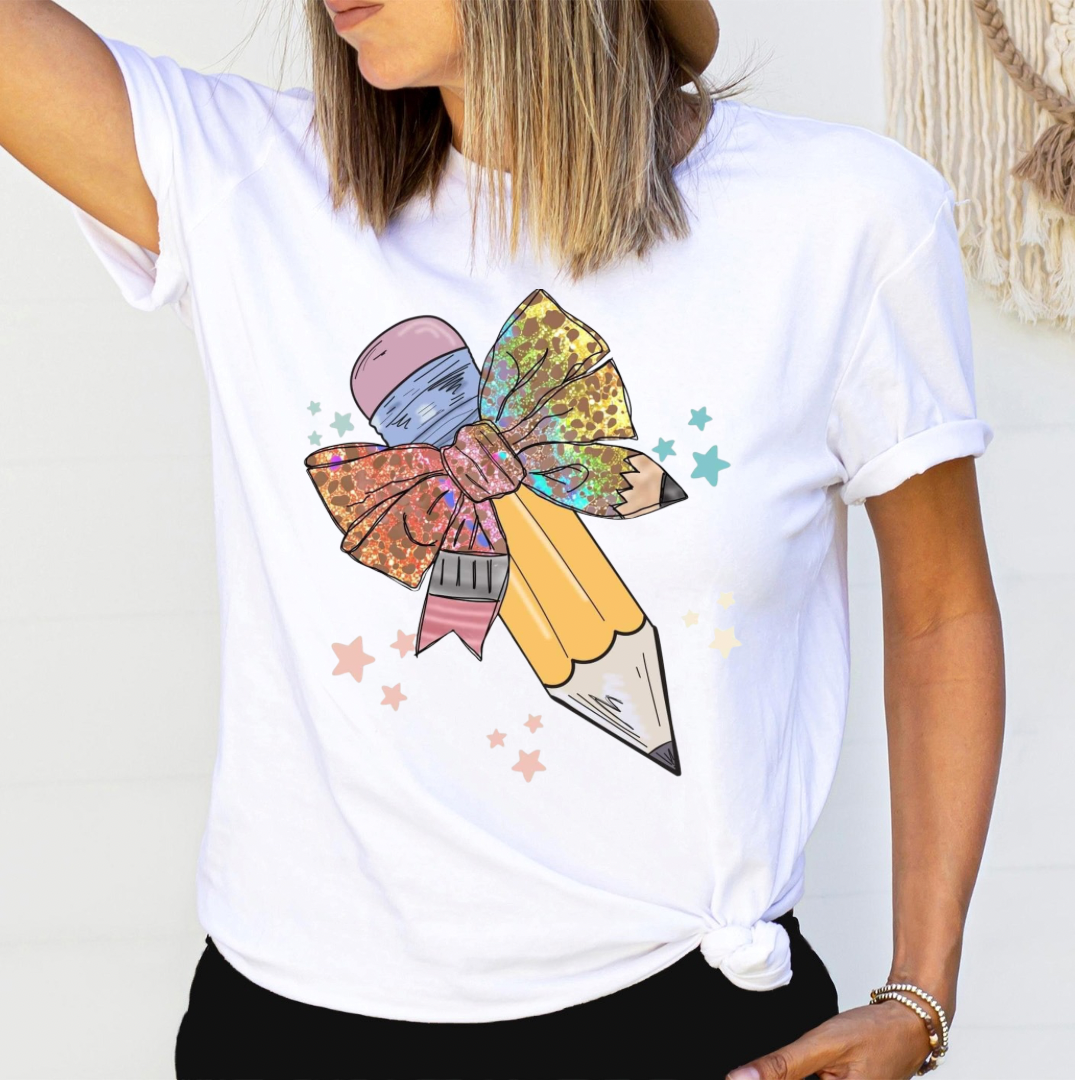 Pastel Pencil Coquette Bow Relaxed Graphic Tshirt