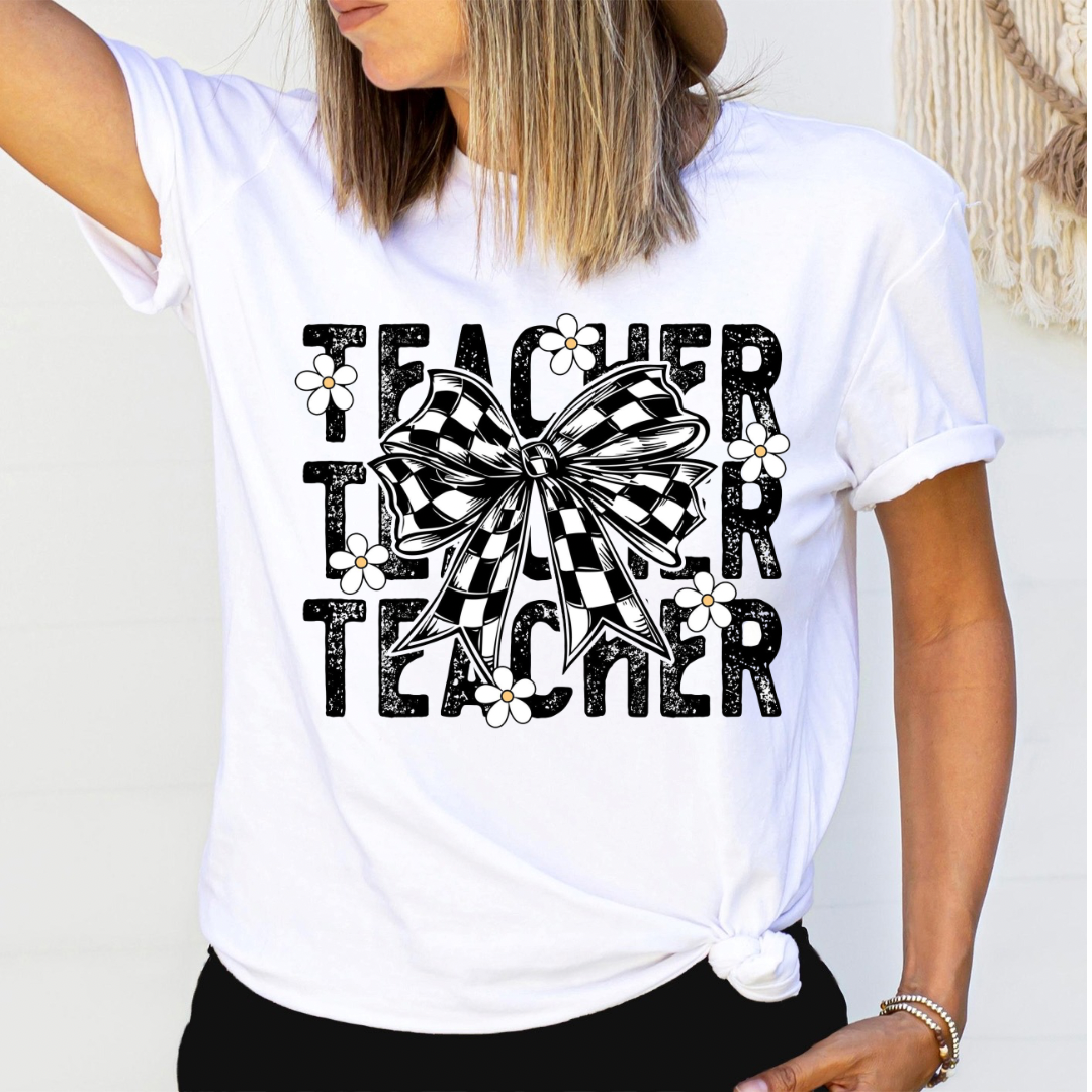 Checkered Teacher Coquette Bow Relaxed Graphic Tshirt