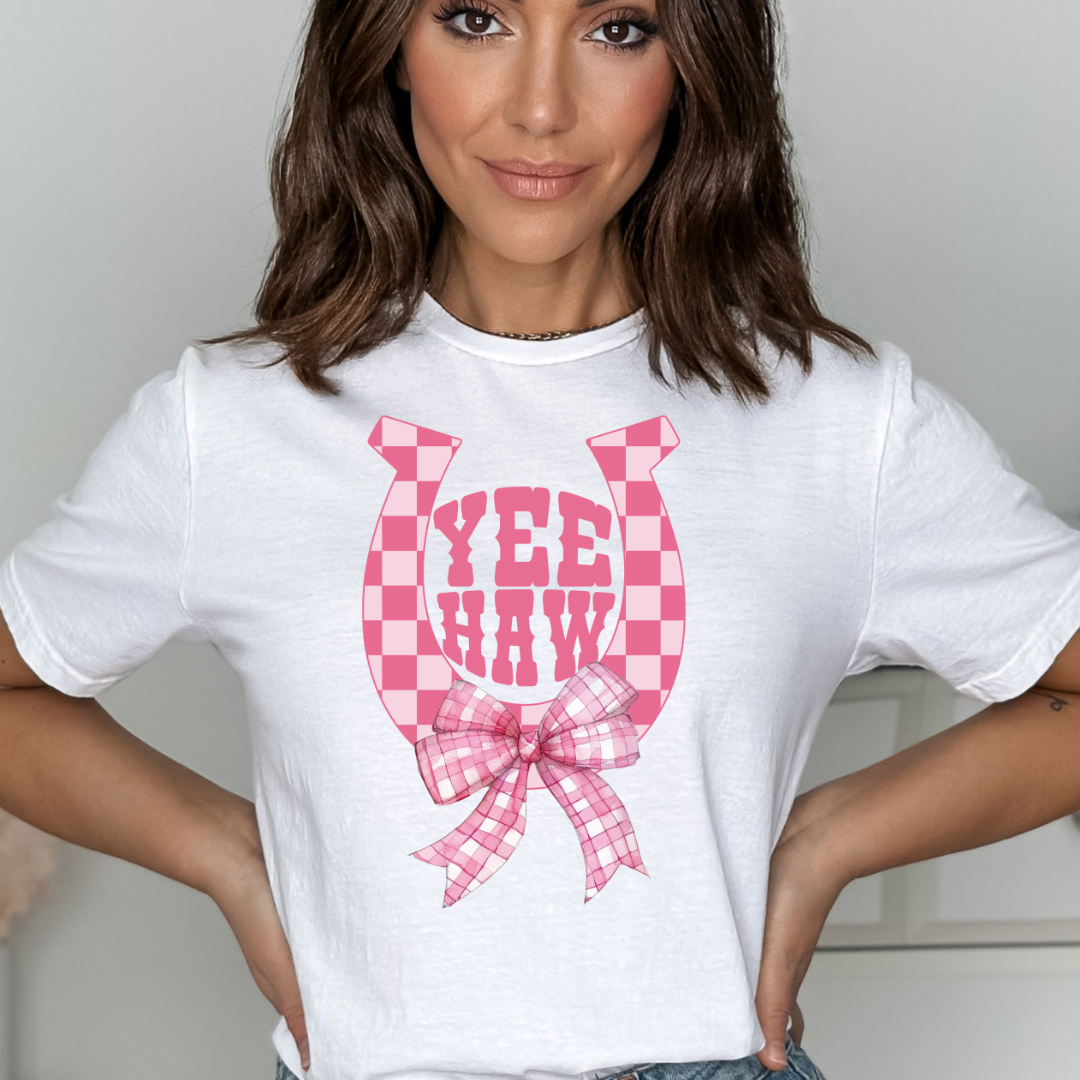 Pink Checkered Yee Haw Relaxed Graphic Tshirt