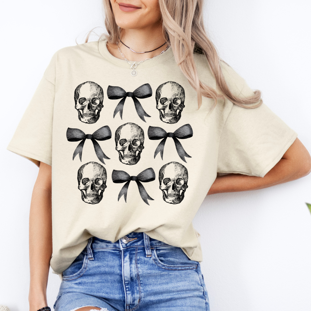 Black Coquette Bows & Skulls Relaxed Graphic Tshirt