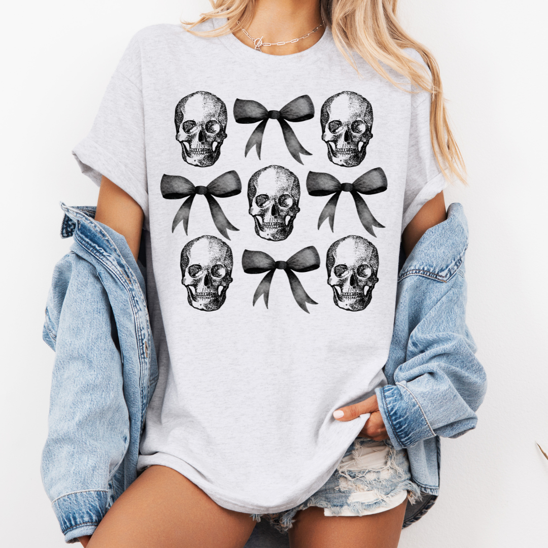 Black Coquette Bows & Skulls Relaxed Graphic Tshirt