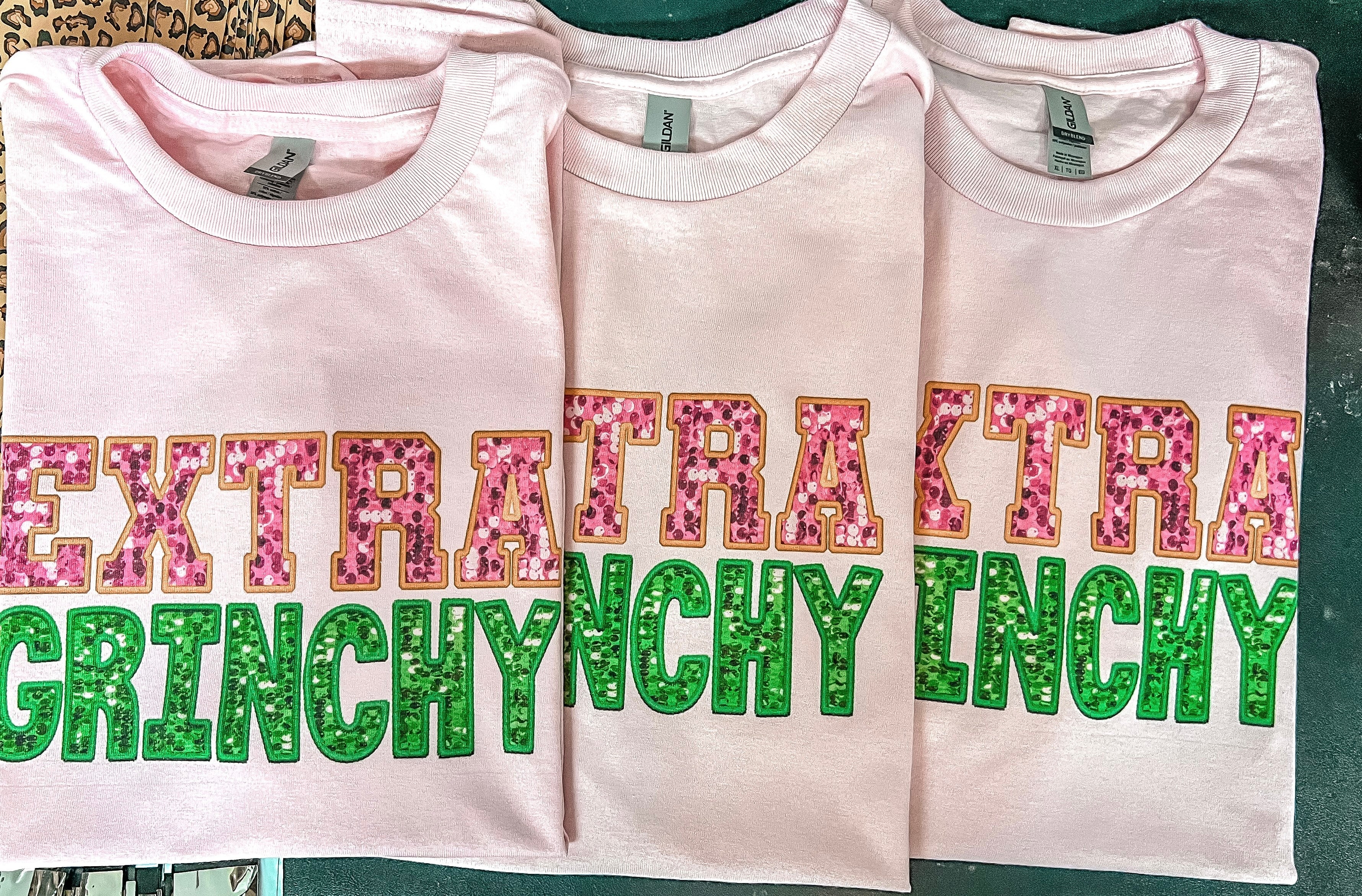 Extra Grinchy Faux Glitter Pink Tshirt