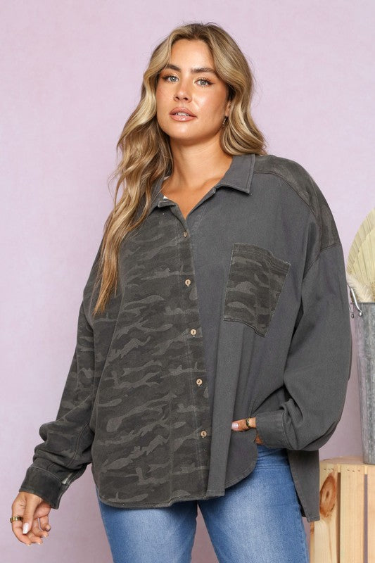 Camo Color Block Button Down Top