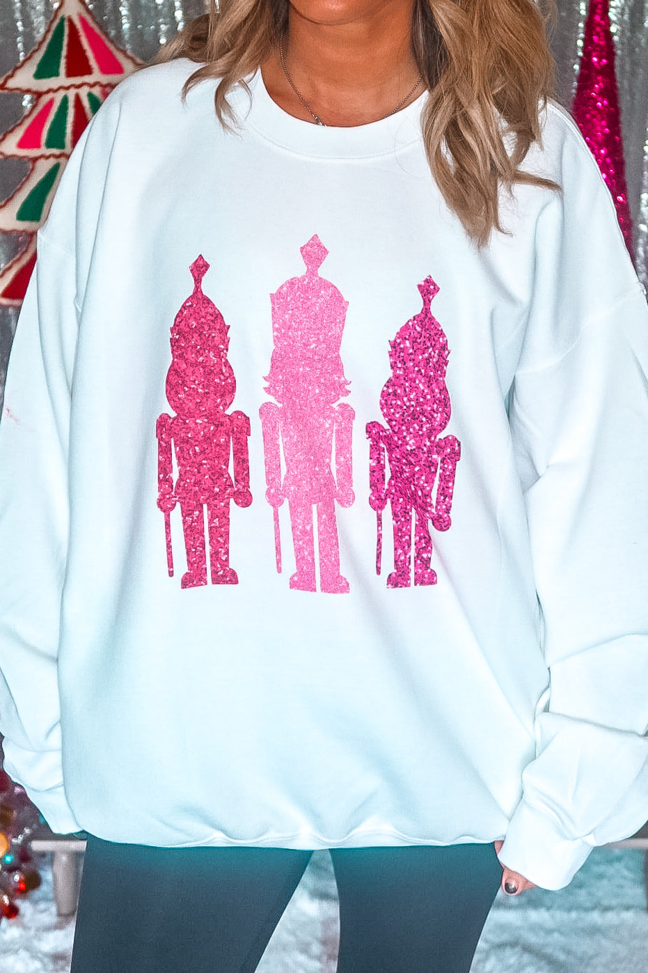 Pink Glitter Nutcrackers Christmas Oversized Sweatshirt