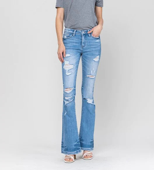 Cali Mid Rise Distressed Flare Vervet Jeans - Trendz Boutique